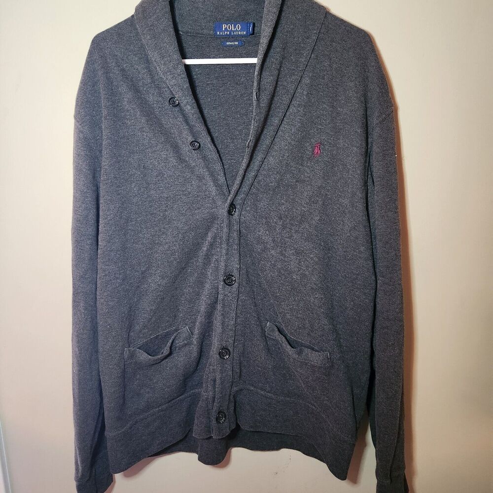 Polo Ralph Lauren Men’s Size L Cardigan Estate Rib Charcoal Shawl Collar Pockets
